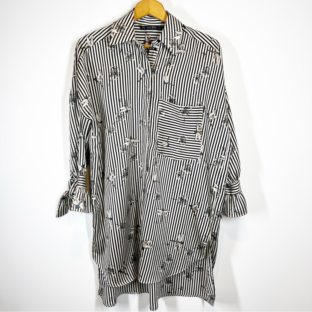 Zara Black and White Striped Tunic with Floral Accent